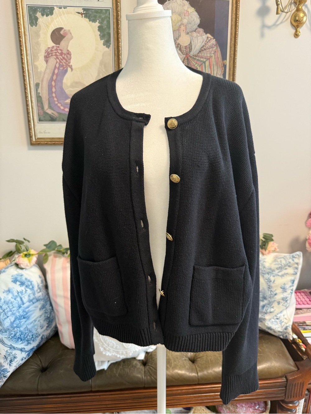 J. Crew Black Knit Button-Front Cardigan with Gold Buttons